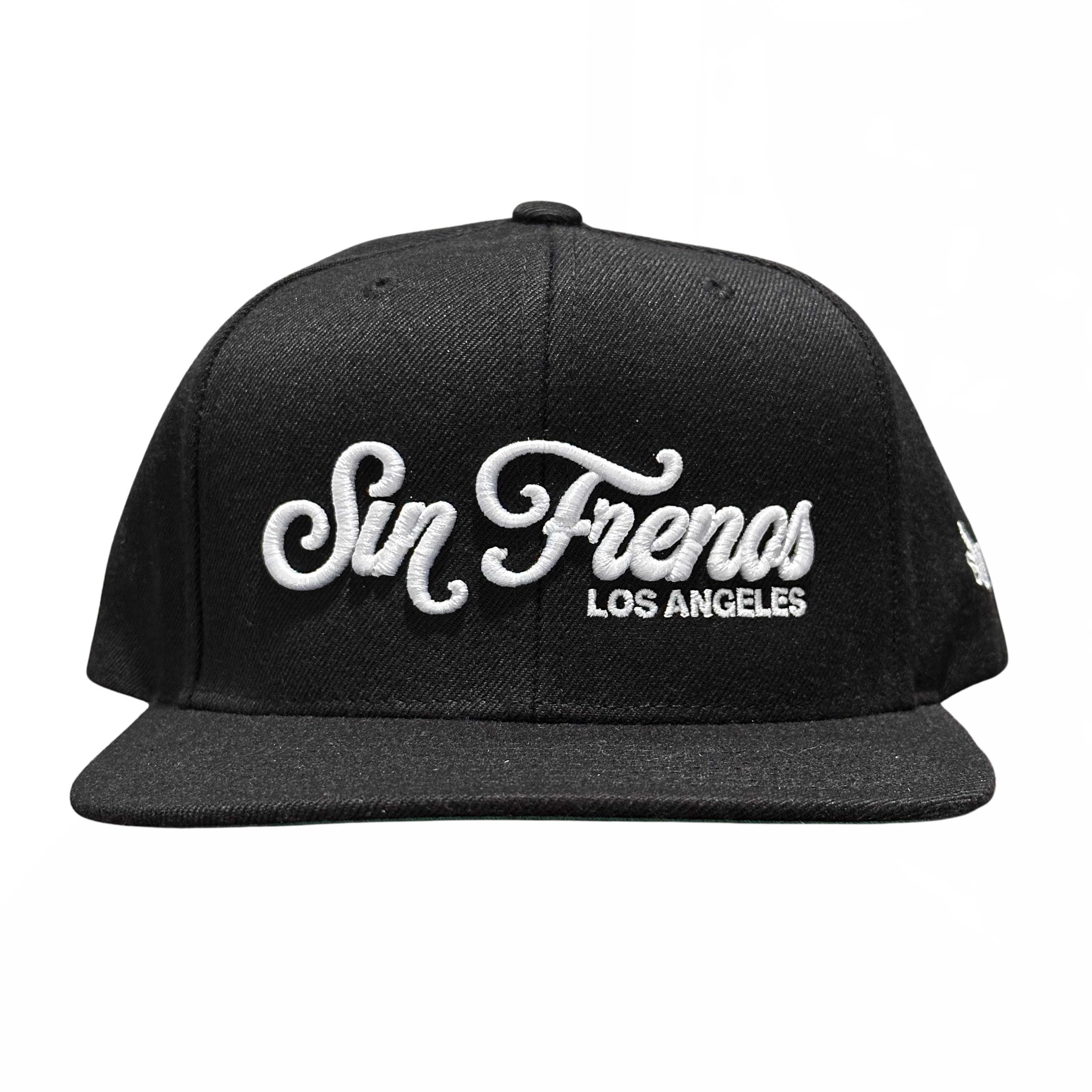 Sin Frenos Script Snapback cap in black.