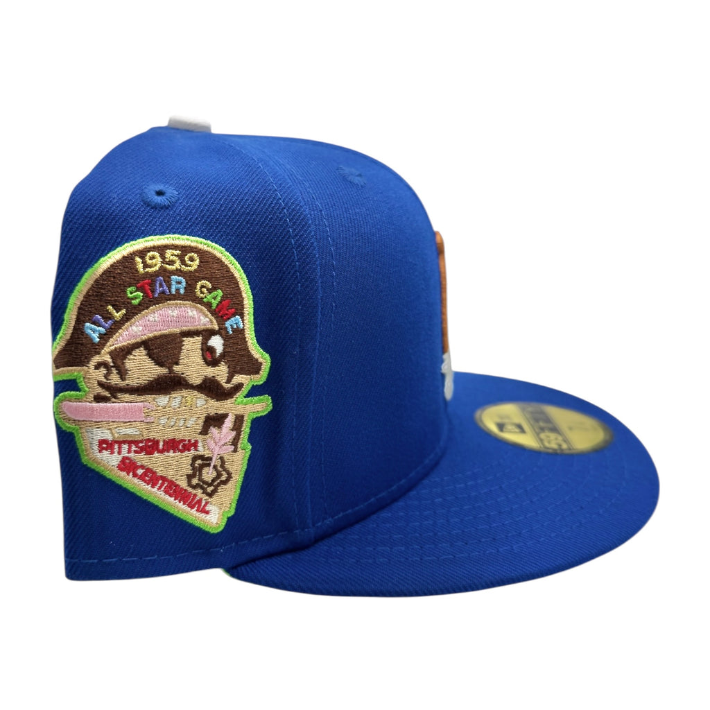Blue baseball cap with a vintage patch on a white background